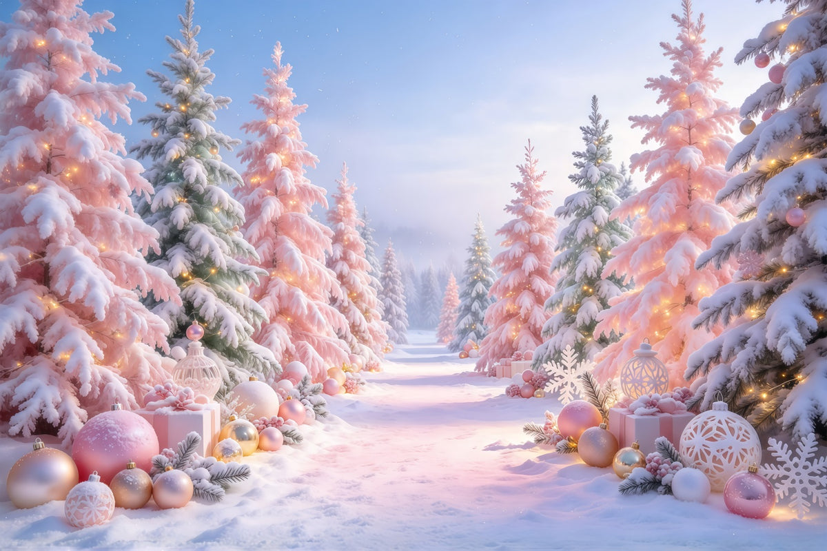 Christmas Tree Backdrops Blush Pink Ornament Forest Christmas Stage Backdrop GQ610-85