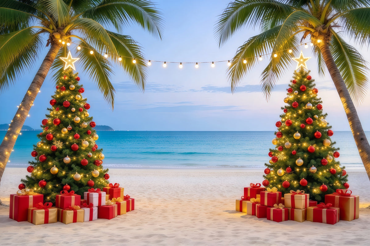 Tropical Christmas Backdrop Sea Beach Twin Trees Christmas in July Photo Backdrop GQ610-86