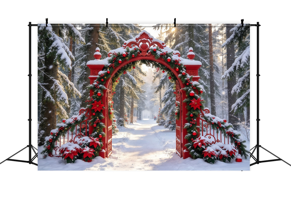 Snowy Christmas Backdrop Ornate Red Garland Gateway Christmas Studio Backdrop GQ610-87
