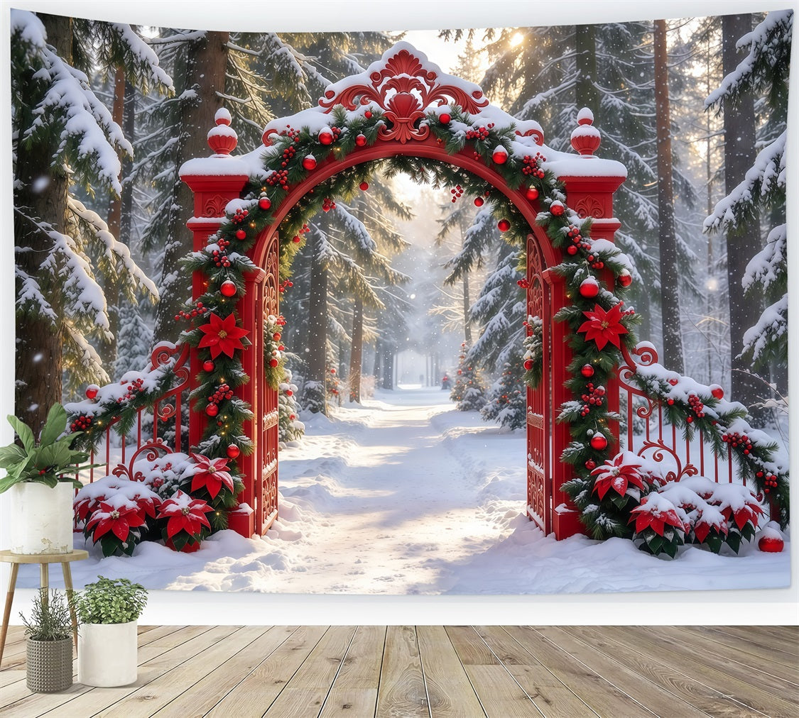 Snowy Christmas Backdrop Ornate Red Garland Gateway Christmas Studio Backdrop GQ610-87