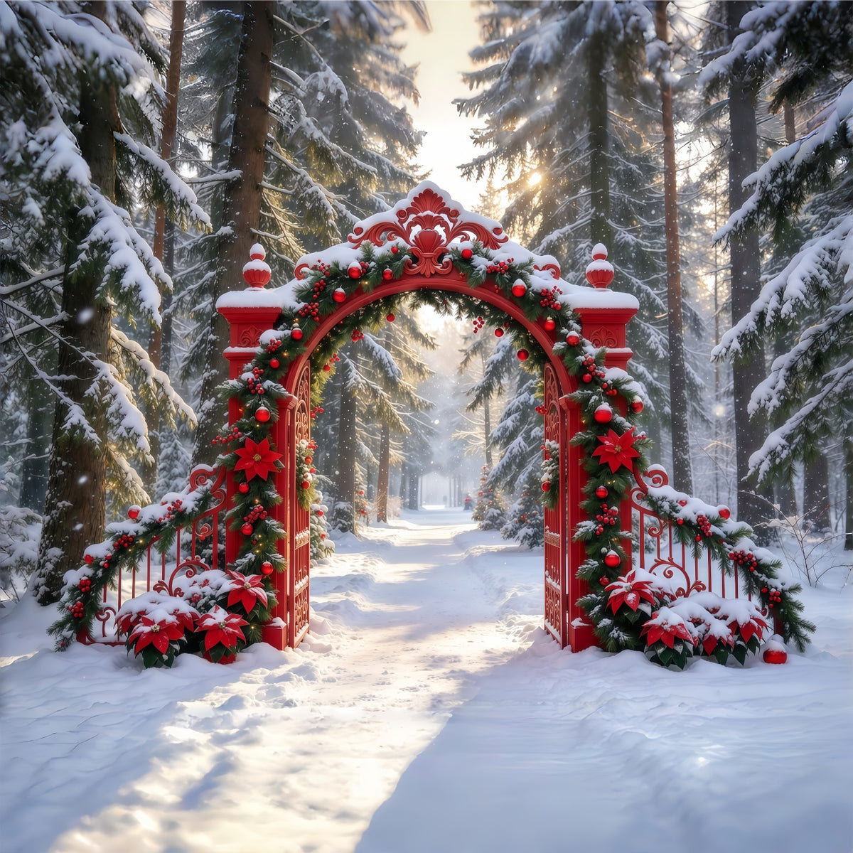 Snowy Christmas Backdrop Ornate Red Garland Gateway Christmas Studio Backdrop GQ610-87