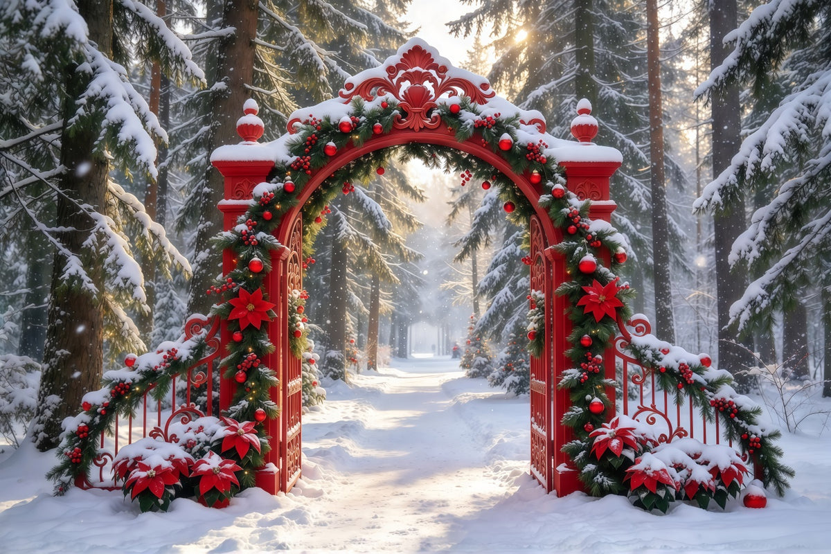 Snowy Christmas Backdrop Ornate Red Garland Gateway Christmas Studio Backdrop GQ610-87
