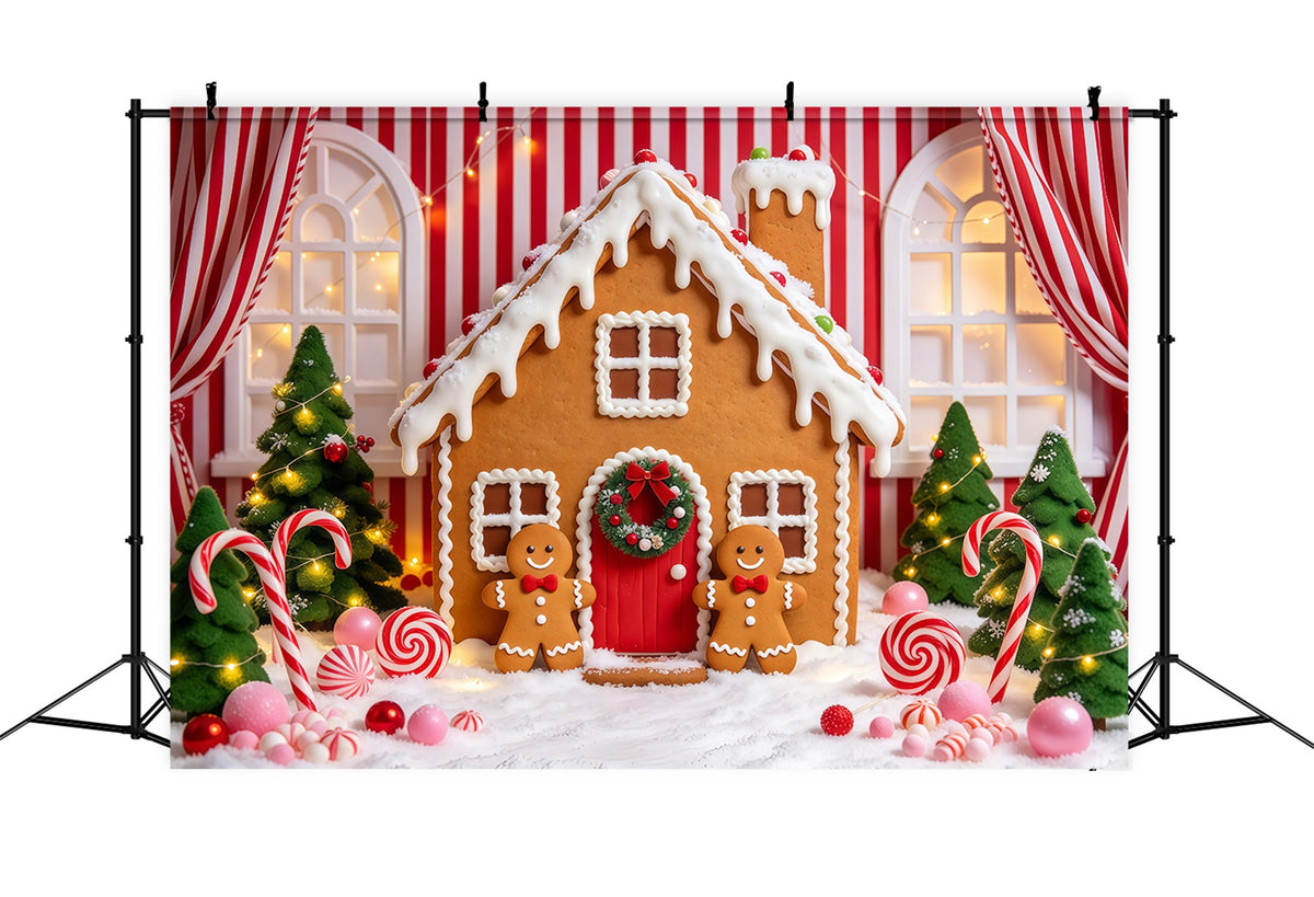 Gingerbread House Photo Backdrop Cute Candy Cane Cottage Christmas Photo Booth Backdrop GQ610-91