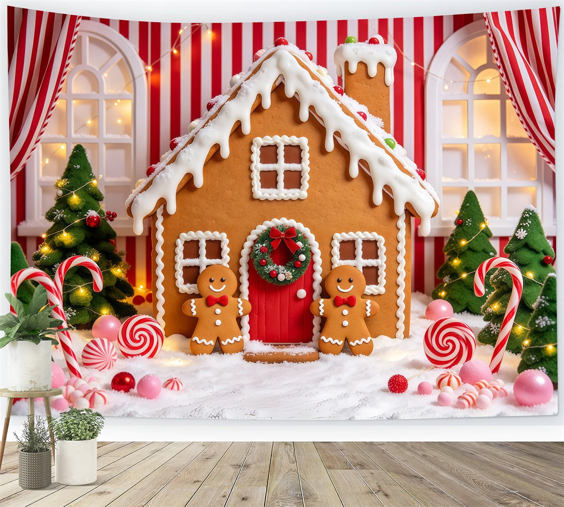 Gingerbread House Photo Backdrop Cute Candy Cane Cottage Christmas Photo Booth Backdrop GQ610-91
