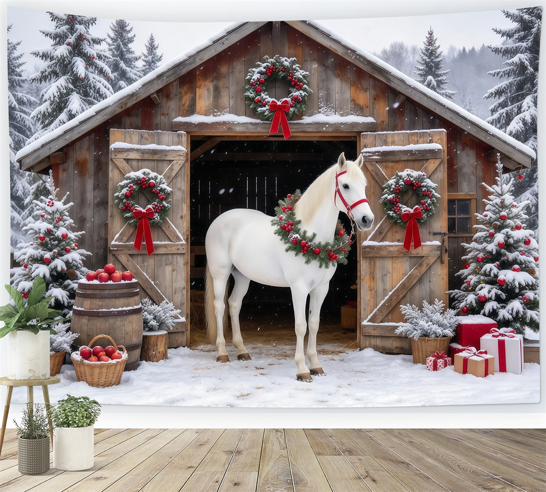 Western Christmas Backdrop White Horse Rustic Barn Christmas Backdrop Photoshoot GQ610-92