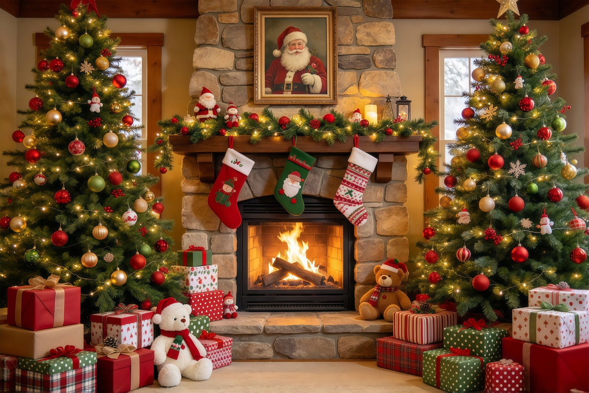 Santa Photo Backdrop Santa Portrait Stone Fireplace Christmas Village Backdrop Ideas GQ610-93