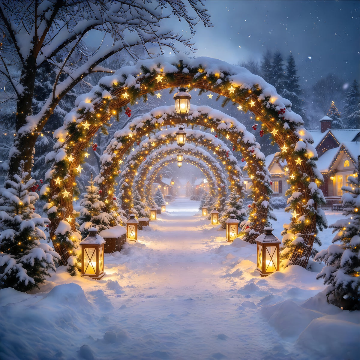 Christmas Arch Backdrop Golden Star Lantern Archway Xmas Photo Backdrops GQ610-94