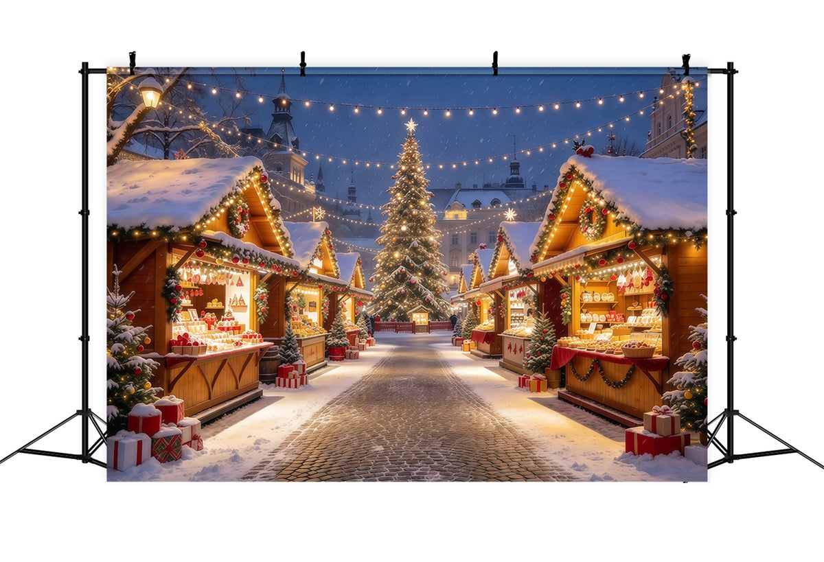 Christmas Town Backdrops Illuminated Alpine Market Stalls Christmas Backdrop Photos GQ610-95