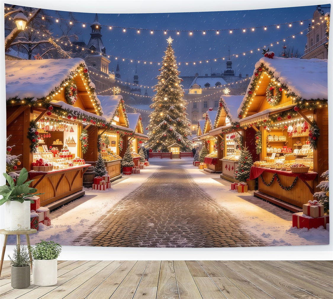 Christmas Town Backdrops Illuminated Alpine Market Stalls Christmas Backdrop Photos GQ610-95
