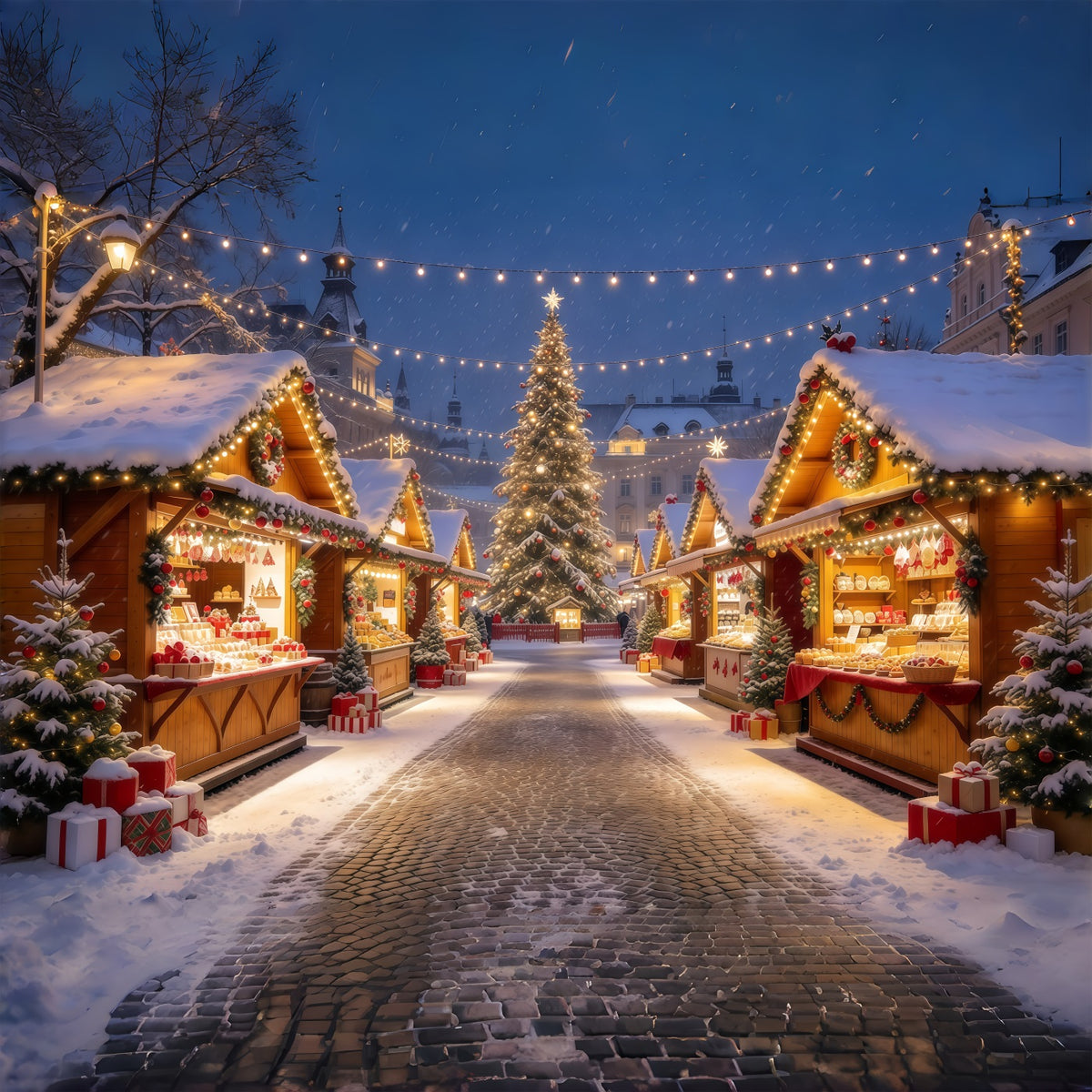 Christmas Town Backdrops Illuminated Alpine Market Stalls Christmas Backdrop Photos GQ610-95