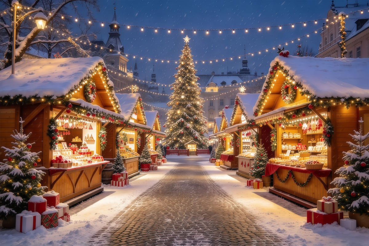 Christmas Town Backdrops Illuminated Alpine Market Stalls Christmas Backdrop Photos GQ610-95