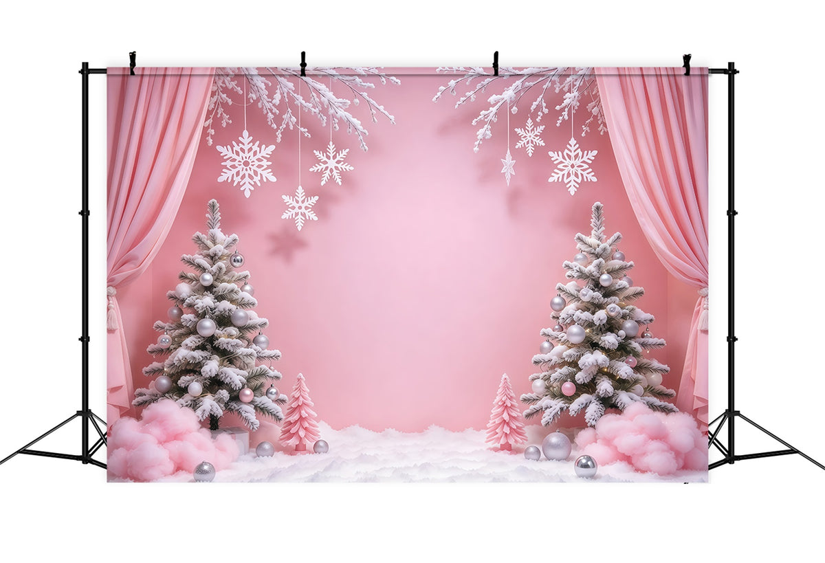 Winter Christmas Backdrop Pink Curtain Snowflake Wonderland Christmas Theme Backdrops GQ610-96