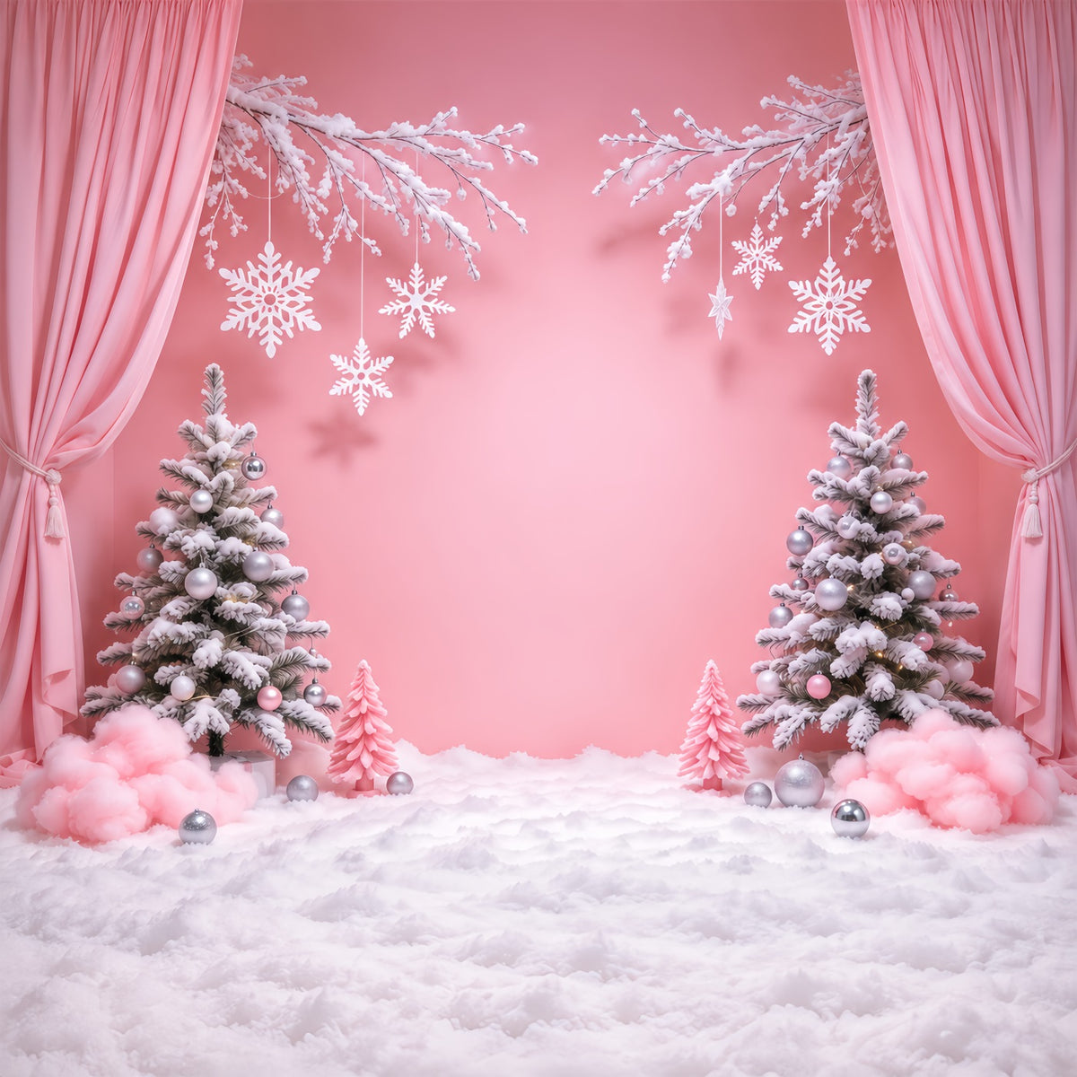 Winter Christmas Backdrop Pink Curtain Snowflake Wonderland Christmas Theme Backdrops GQ610-96