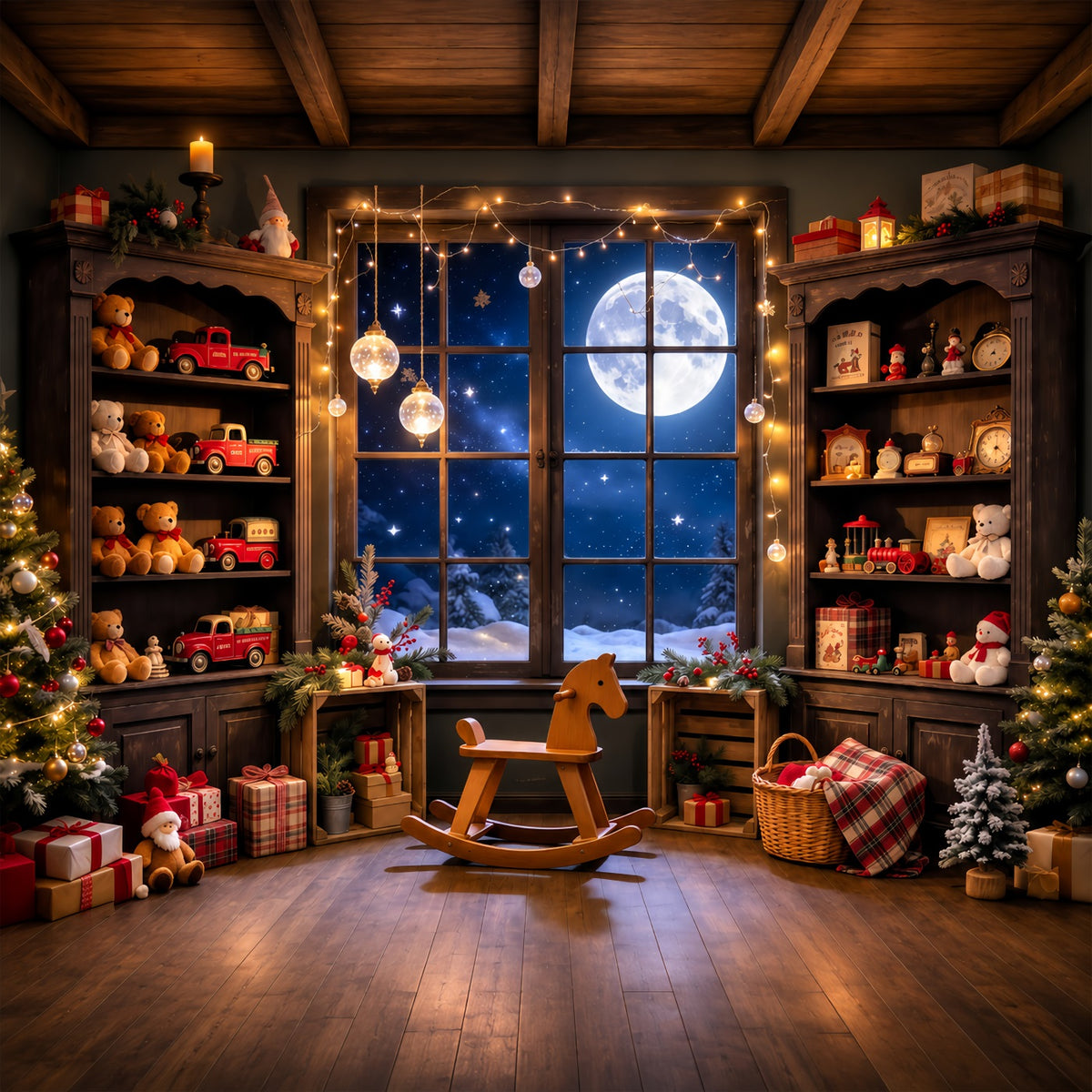 Santa Workshop Backdrop Moonlit Toyroom Window Display Xmas Backdrops Photography GQ610-97