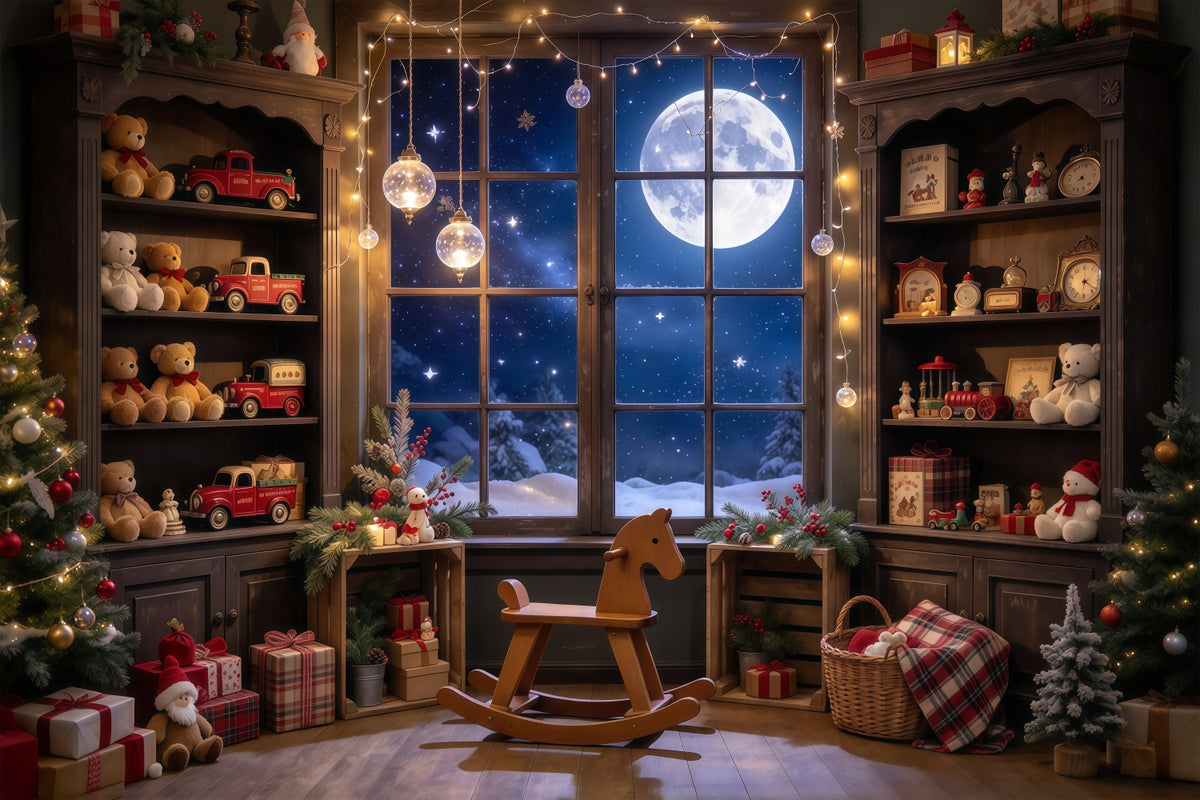Santa Workshop Backdrop Moonlit Toyroom Window Display Xmas Backdrops Photography GQ610-97