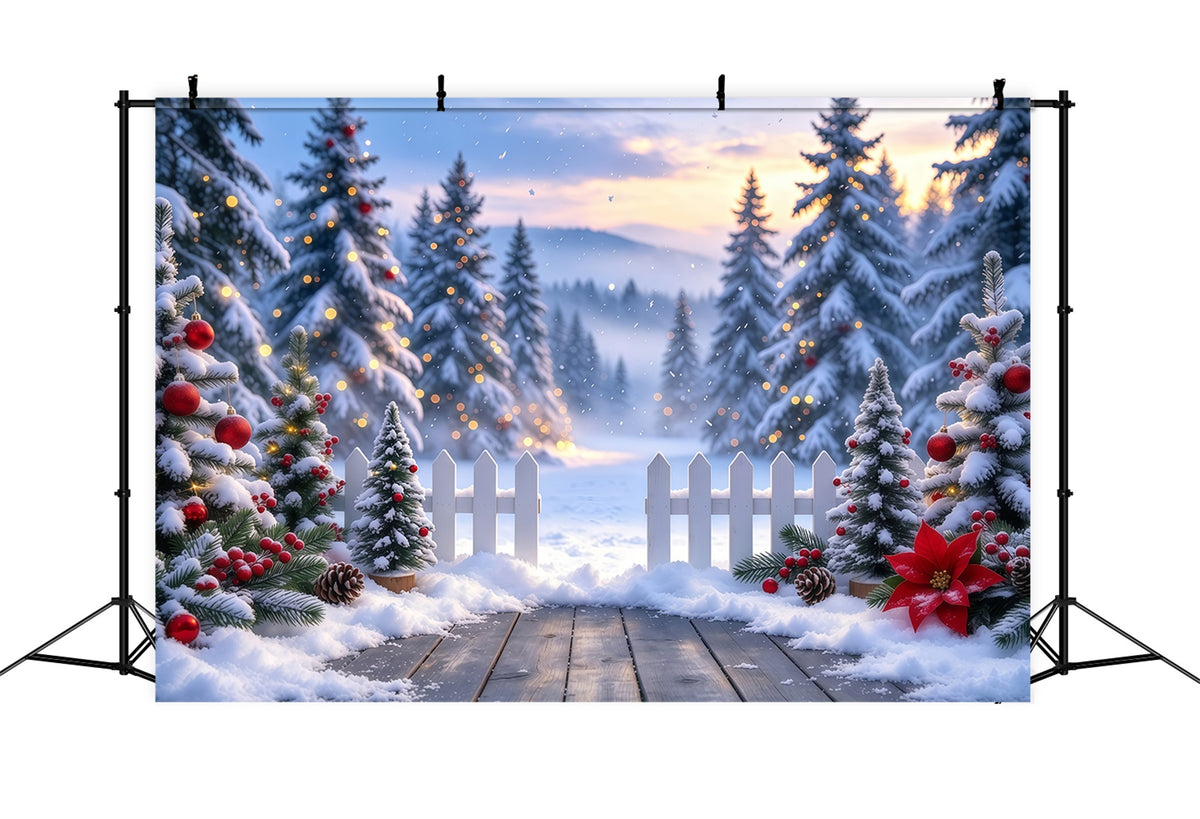 Christmas Tree Forest Backdrop Snowy Picket Fence Entryway Xmas Backdrop for Photos GQ610-99