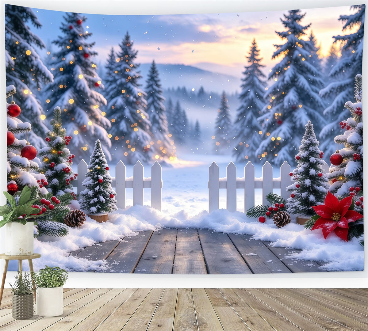 Christmas Tree Forest Backdrop Snowy Picket Fence Entryway Xmas Backdrop for Photos GQ610-99