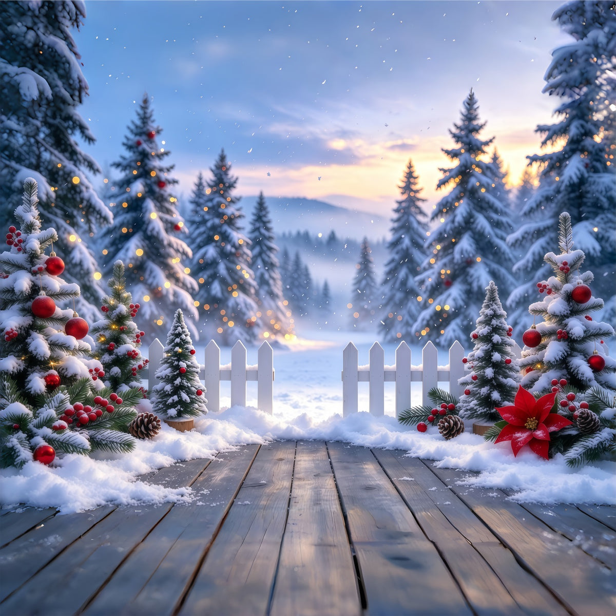 Christmas Tree Forest Backdrop Snowy Picket Fence Entryway Xmas Backdrop for Photos GQ610-99