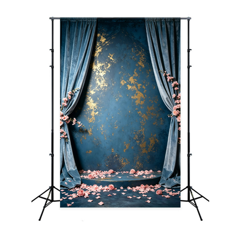 Blue And Gold Backdrop Wall Velvet Fleck Roses Abstract Photography Backdrops GQ64-15