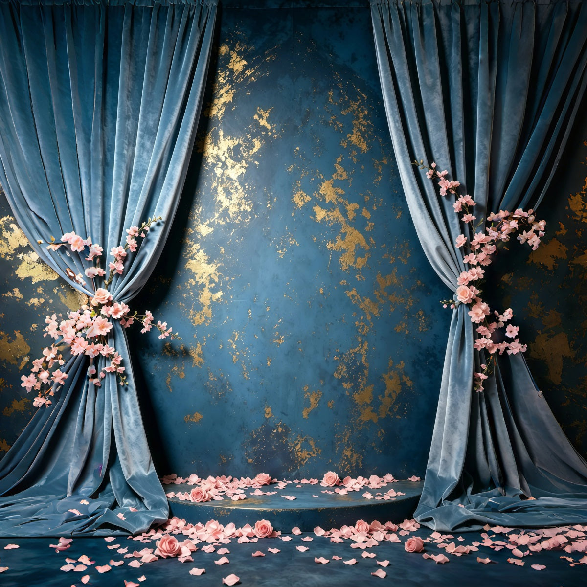 Blue And Gold Backdrop Wall Velvet Fleck Roses Abstract Photography Backdrops GQ64-15