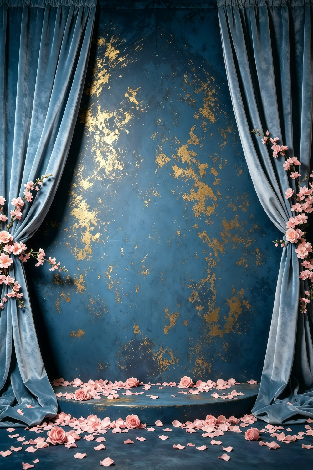 Blue And Gold Backdrop Wall Velvet Fleck Roses Abstract Photography Backdrops GQ64-15