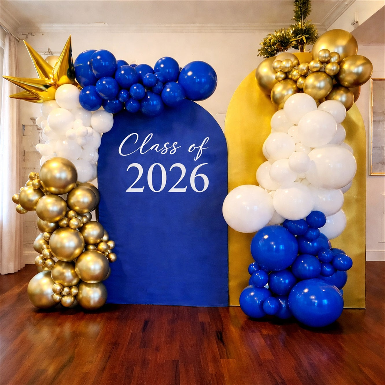 Personalized Graduation Arch Backdrop Blue Gold Dual Custom Graduation Arch Backdrop GQ64-17