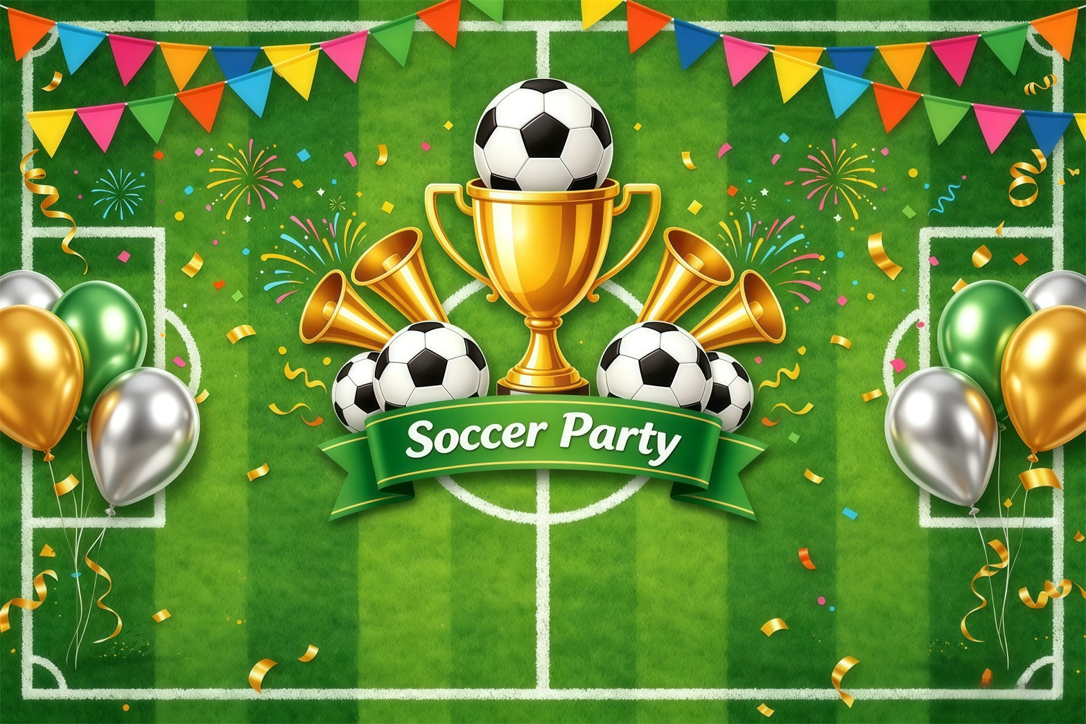 Backyard Soccer Party Backdrop Football Field Confetti Trophy Balloon Soccer Backdrop GQ64-39