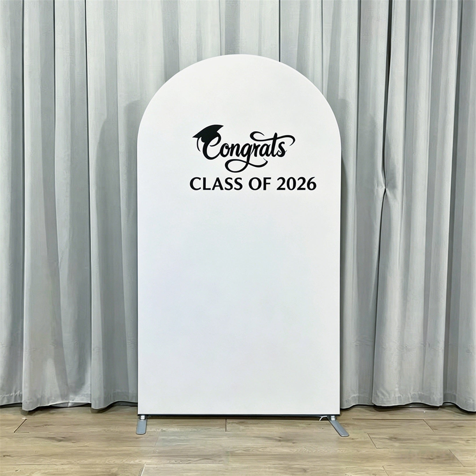 Fabric Graduation Backdrop White Black Cap Script Premium Fabric Graduation Backdrop GQ64-6