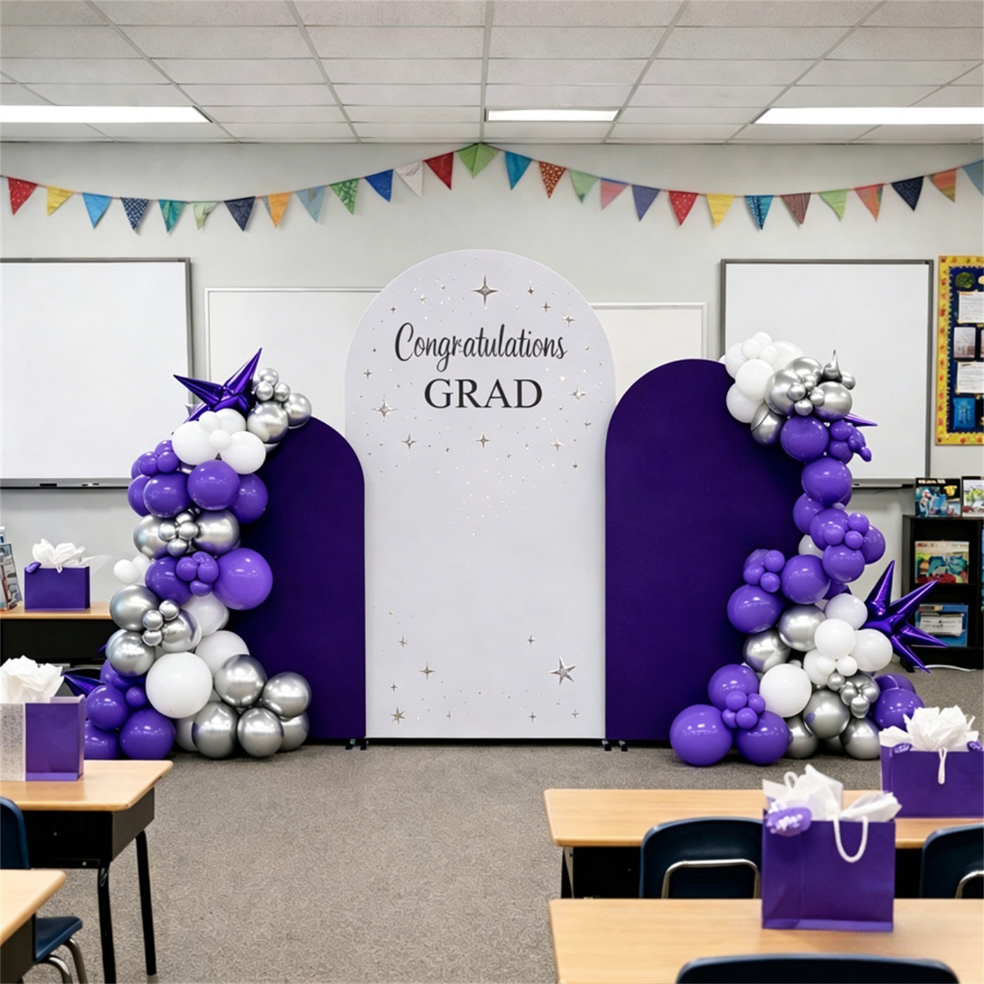 Reusable Graduation Backdrop White Purple Dual Arch Washable Graduatio