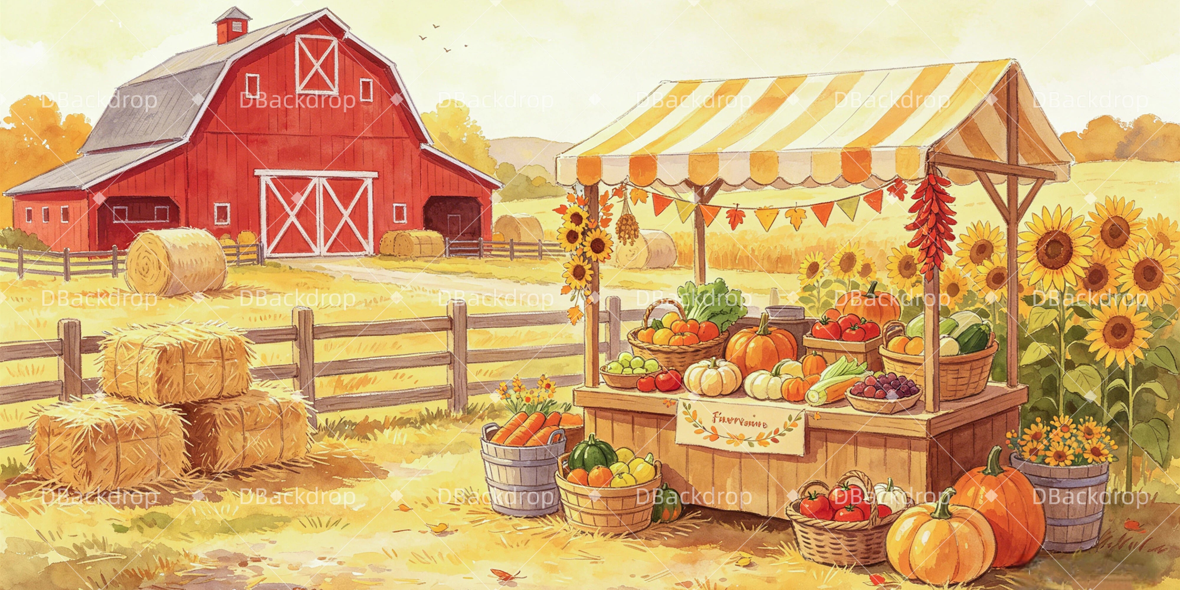 Farmers Market Backdrop Autumn Harvest Rustic Barn VBS Backdrops GQ64-T15