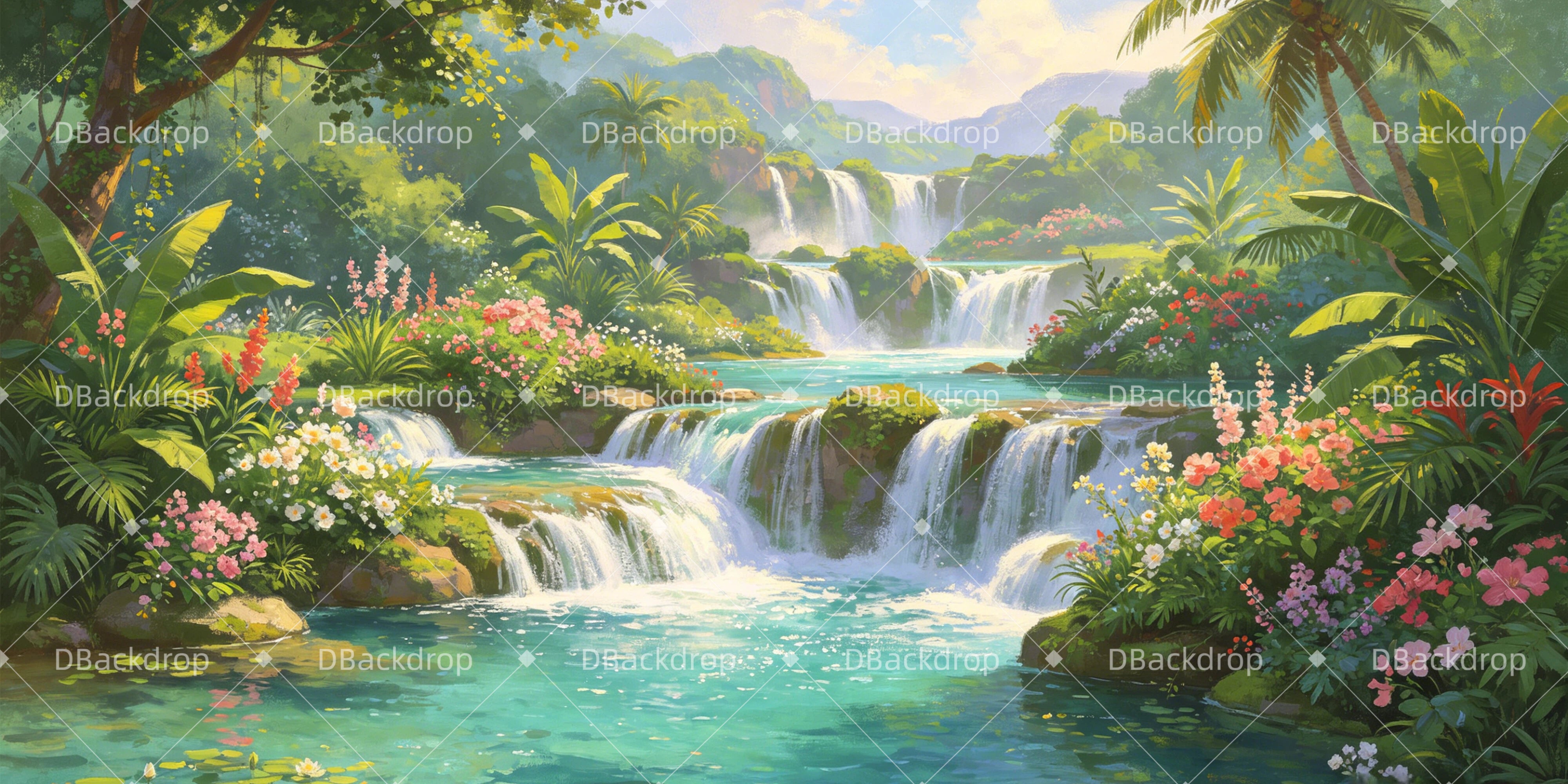 Garden of Eden Backdrop Tropical Waterfall Paradise VBS Backdrops GQ64-T20