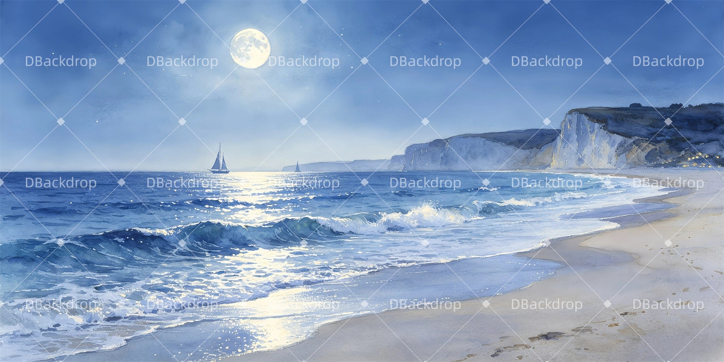 Scenic Backdrops Moonlit Beach Scenery Backdrops For Theater GQ65-T108