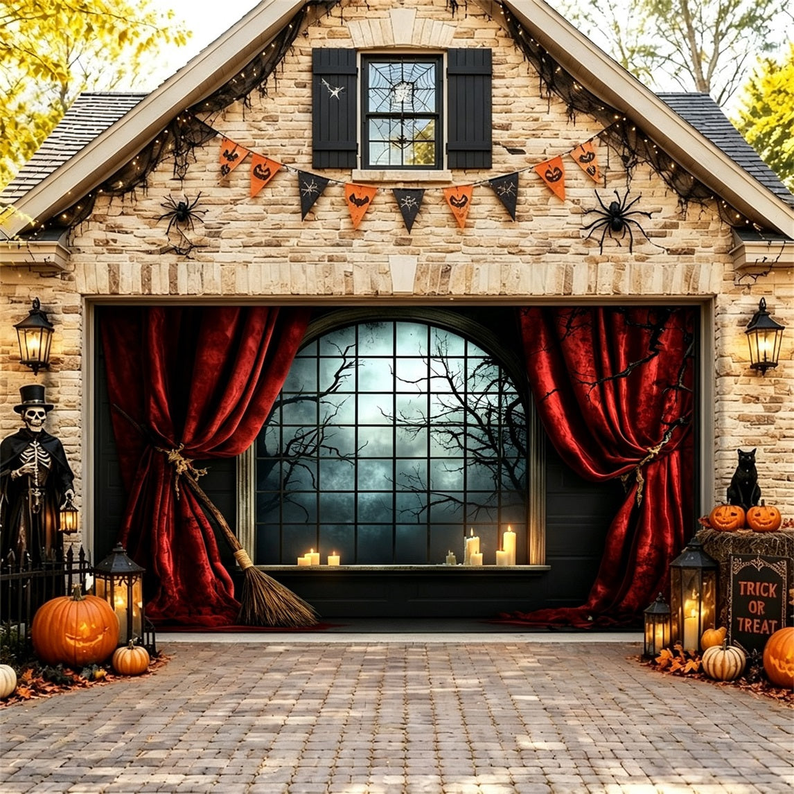 Halloween Backdrop Crimson Curtain Gothic Window Halloween Garage Door Wrap GQ67-10