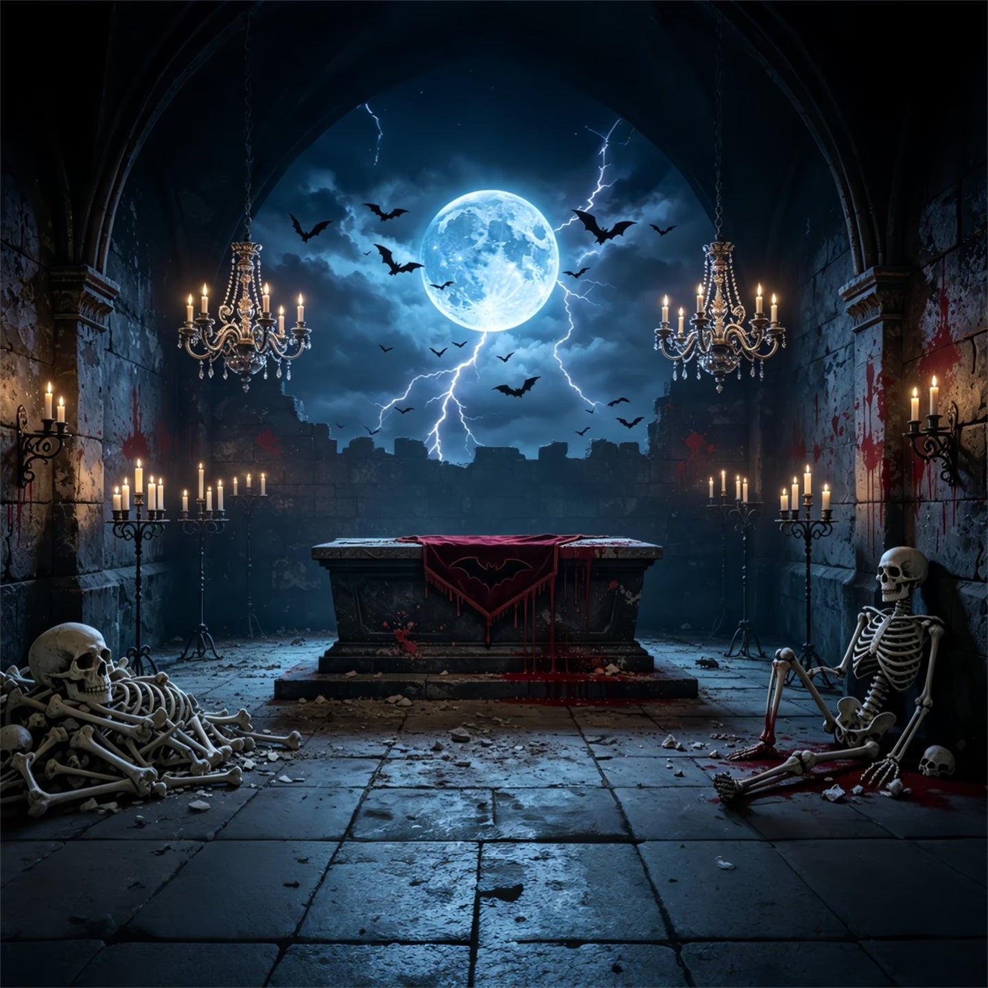 Vampire Backdrop Moonlit Bloody Skeleton Altar Halloween Backdrop For Photography GQ67-100