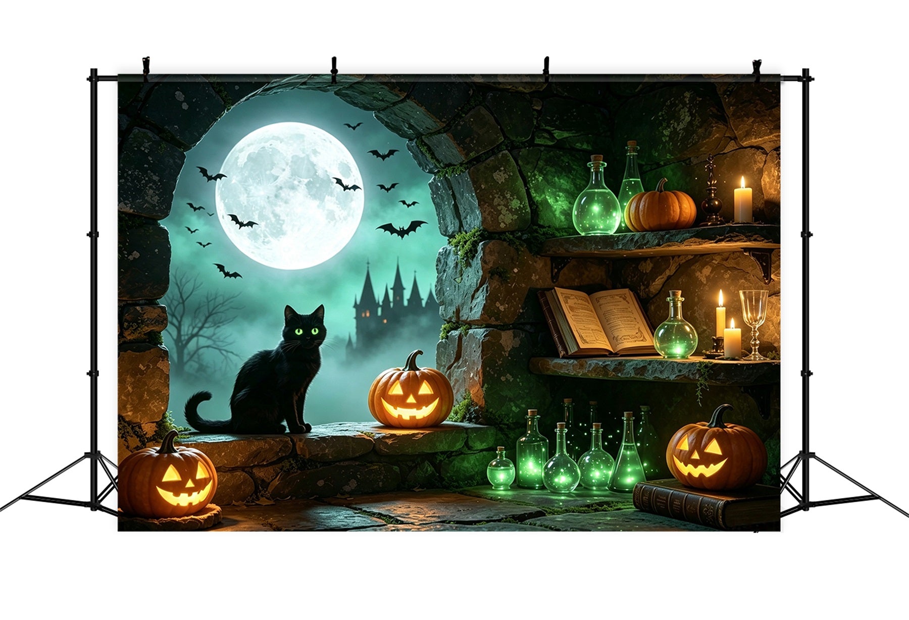 Witches Lair Backdrop Moonlit Cat Potion Alcove Lumberjack Photo Backdrop GQ67-101