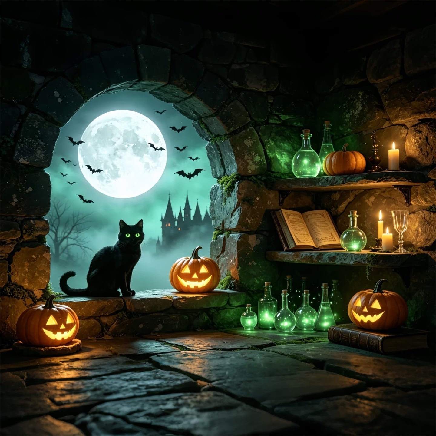 Witches Lair Backdrop Moonlit Cat Potion Alcove Lumberjack Photo Backdrop GQ67-101
