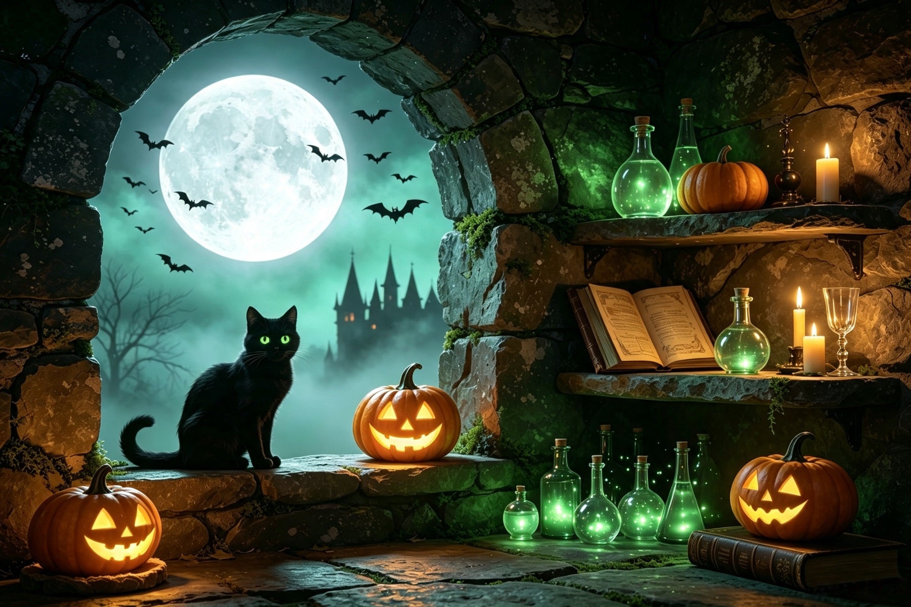 Witches Lair Backdrop Moonlit Cat Potion Alcove Lumberjack Photo Backdrop GQ67-101