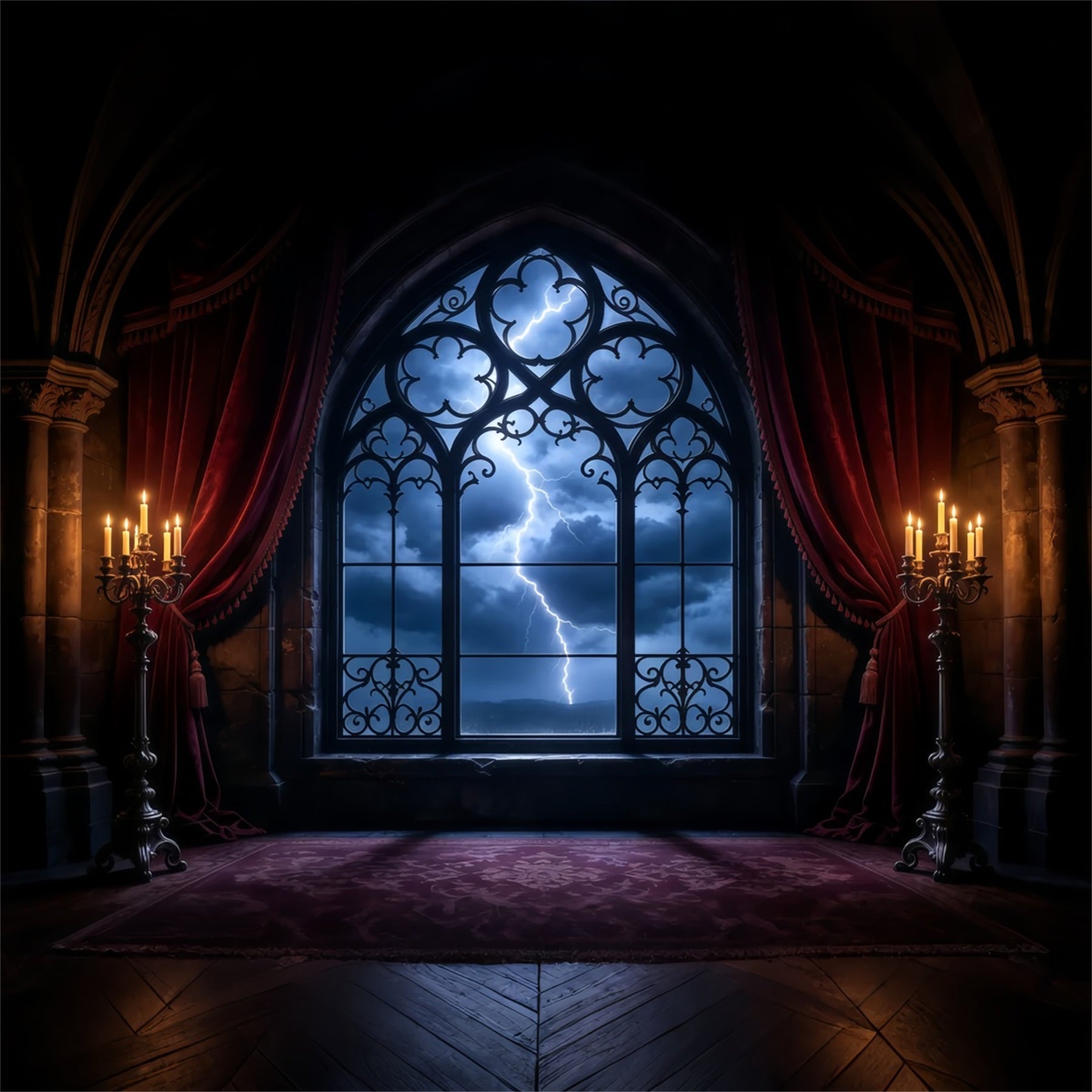 Vampire Backdrops Lightning Gothic Window Chamber 8x8 Halloween Backdrop GQ67-102