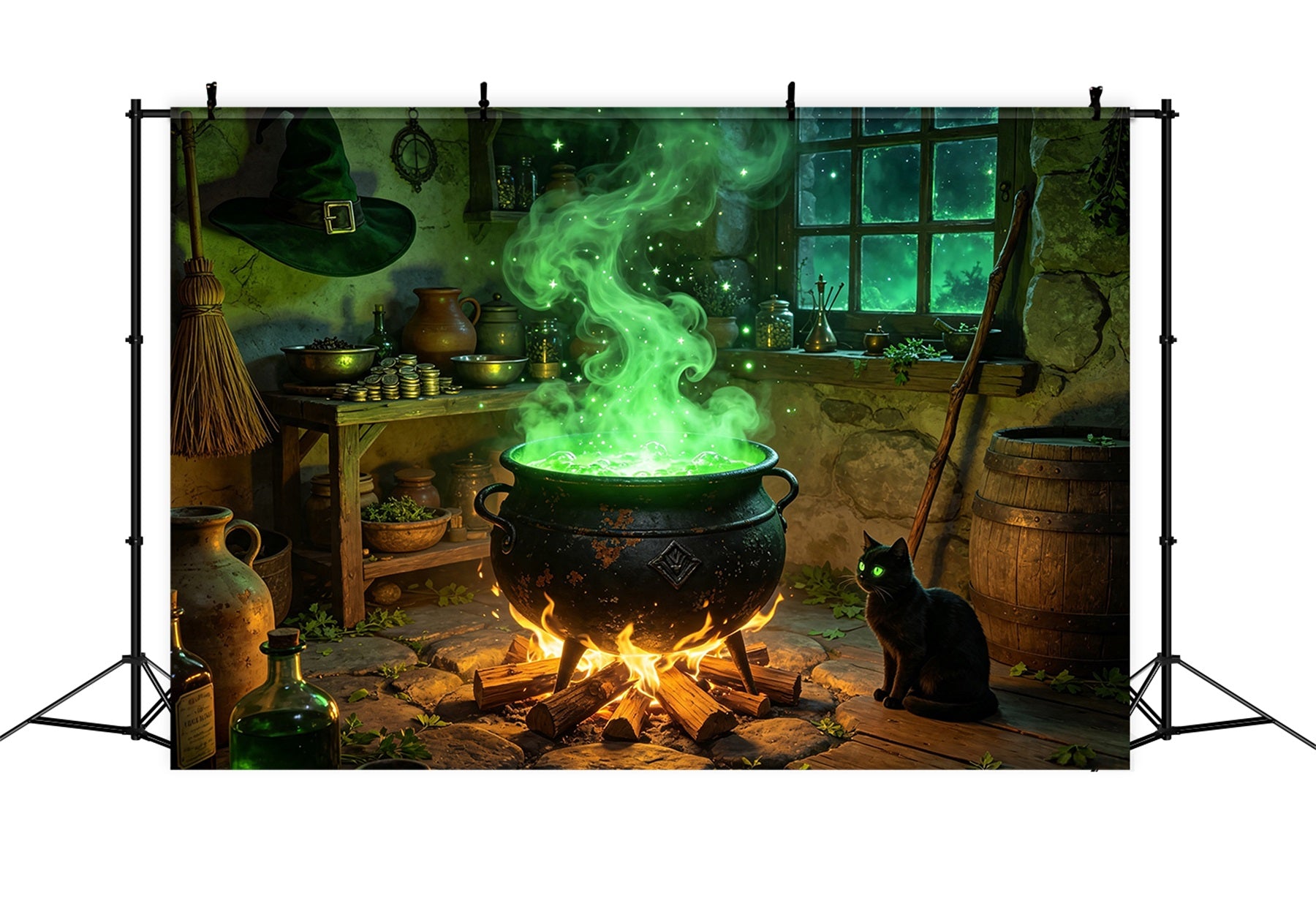 Witches Kitchen Backdrop Glowing Cauldron Cottage Halloween Back Drop GQ67-103