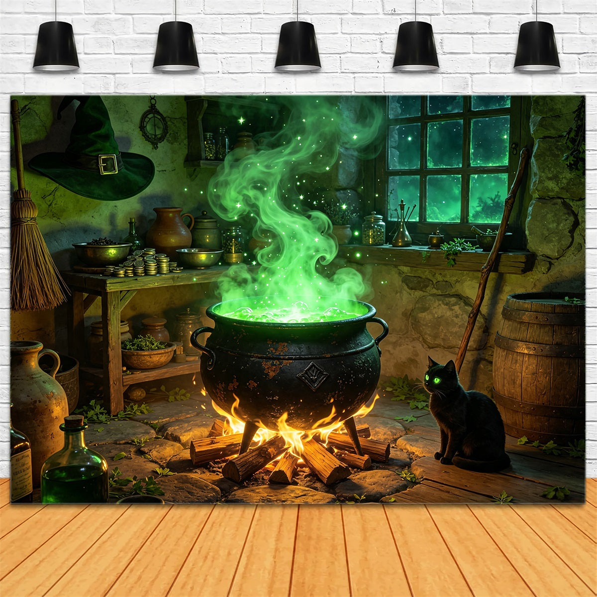 Witches Kitchen Backdrop Glowing Cauldron Cottage Halloween Back Drop GQ67-103