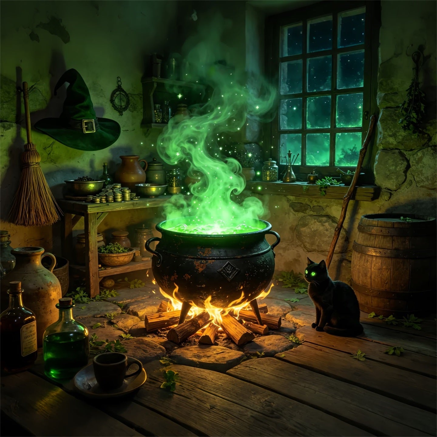 Witches Kitchen Backdrop Glowing Cauldron Cottage Halloween Back Drop GQ67-103