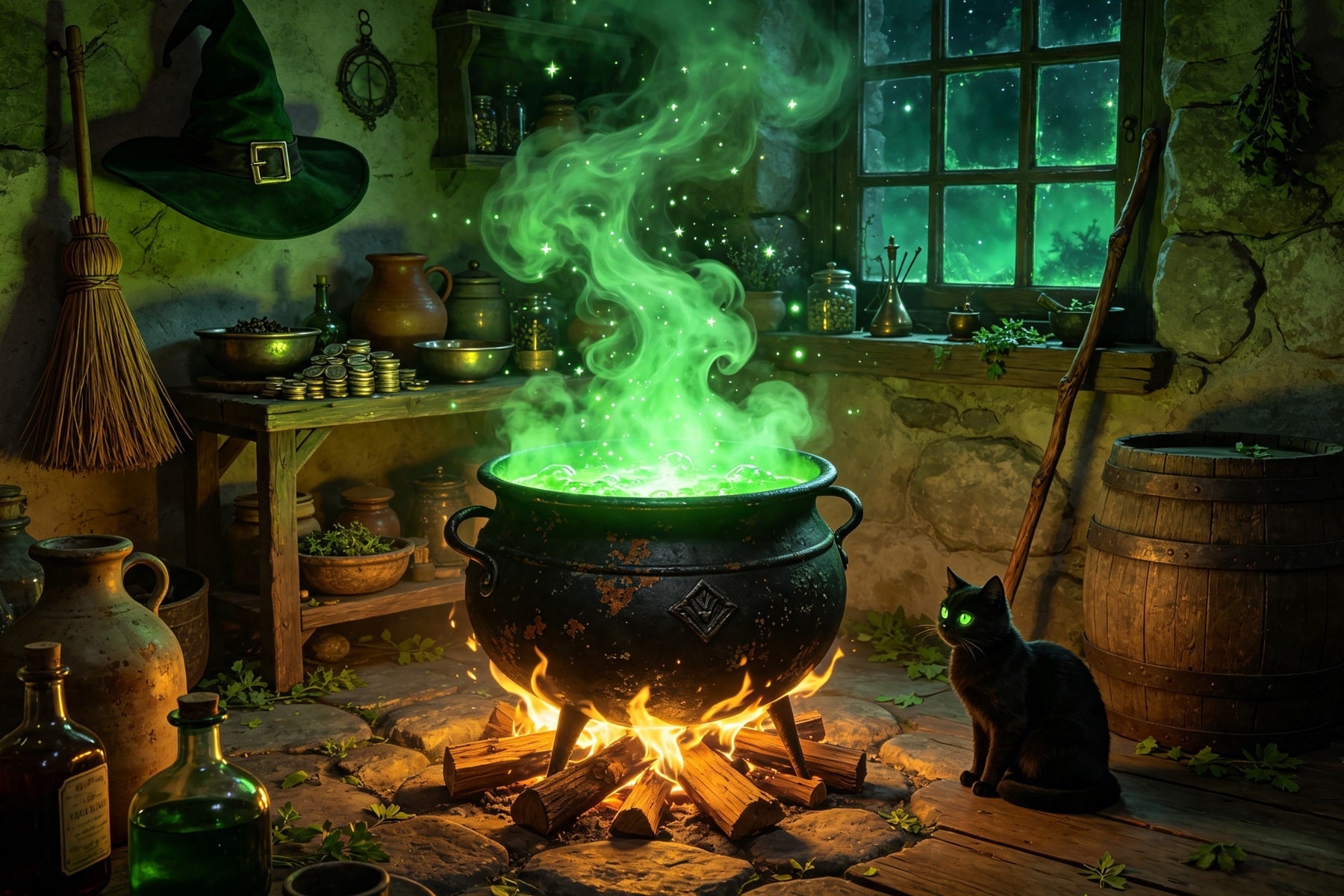 Witches Kitchen Backdrop Glowing Cauldron Cottage Halloween Back Drop GQ67-103
