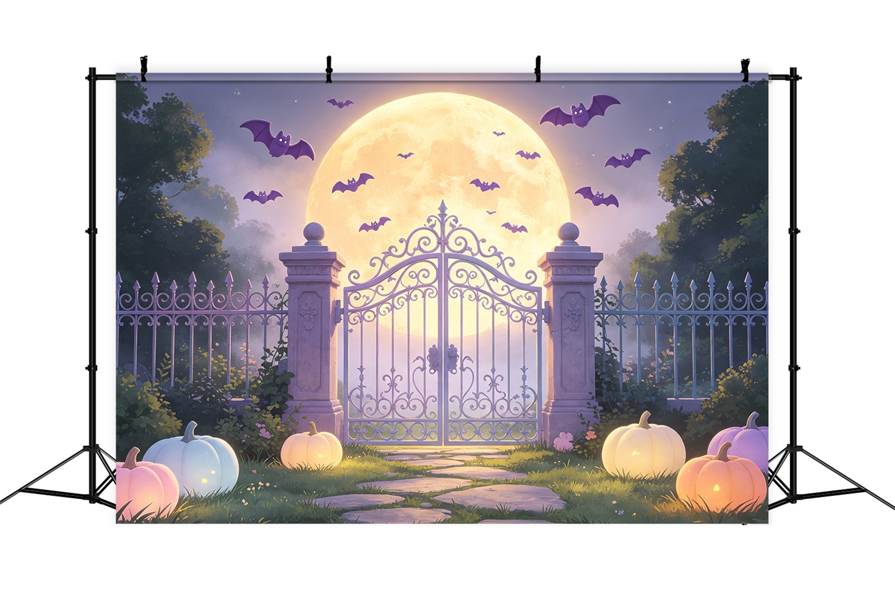 Batcave Backdrop Pastel Moonlit Garden Gate Pastel Halloween Backdrop GQ67-104