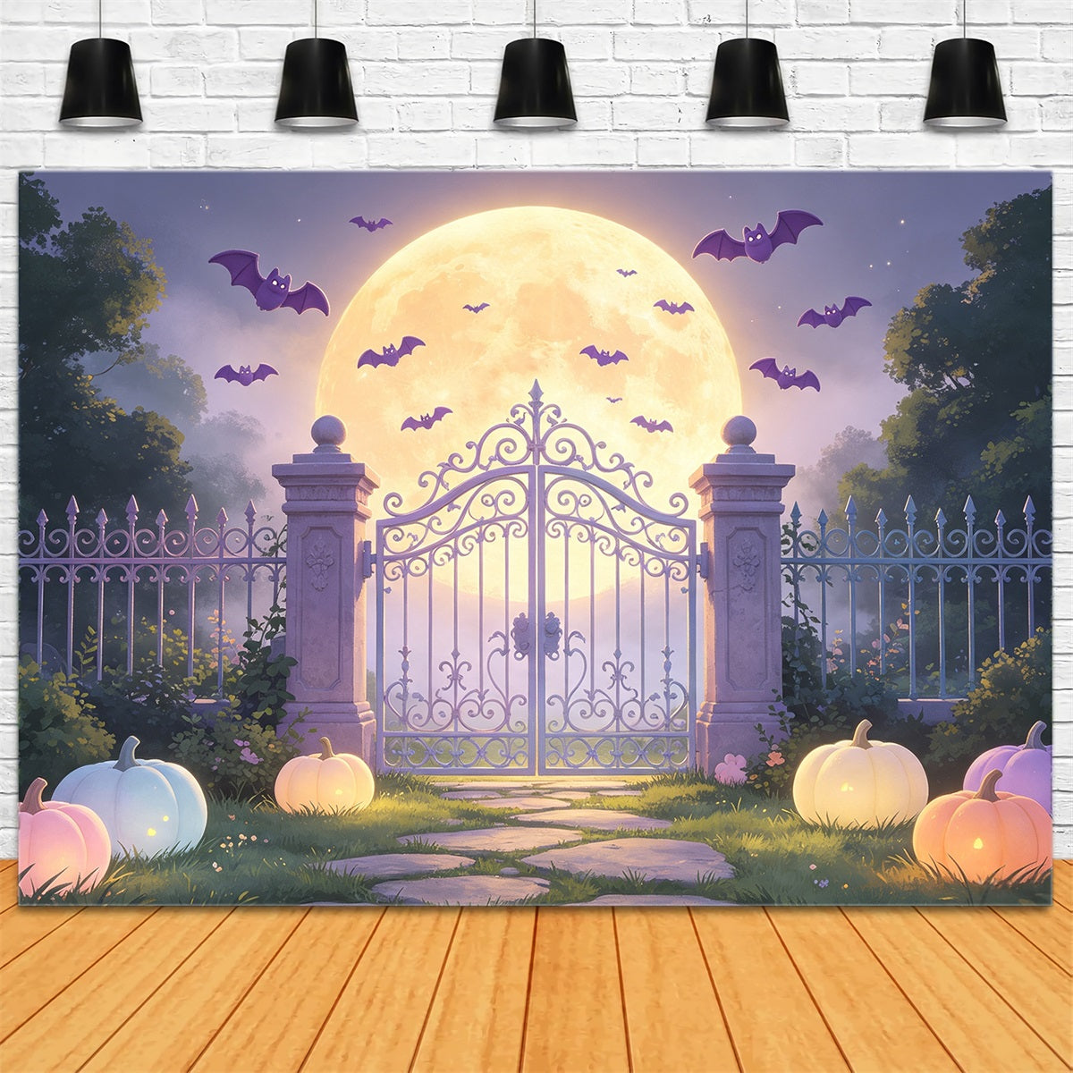 Batcave Backdrop Pastel Moonlit Garden Gate Pastel Halloween Backdrop GQ67-104