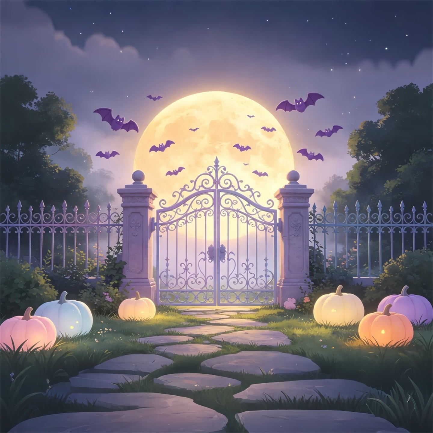 Batcave Backdrop Pastel Moonlit Garden Gate Pastel Halloween Backdrop GQ67-104