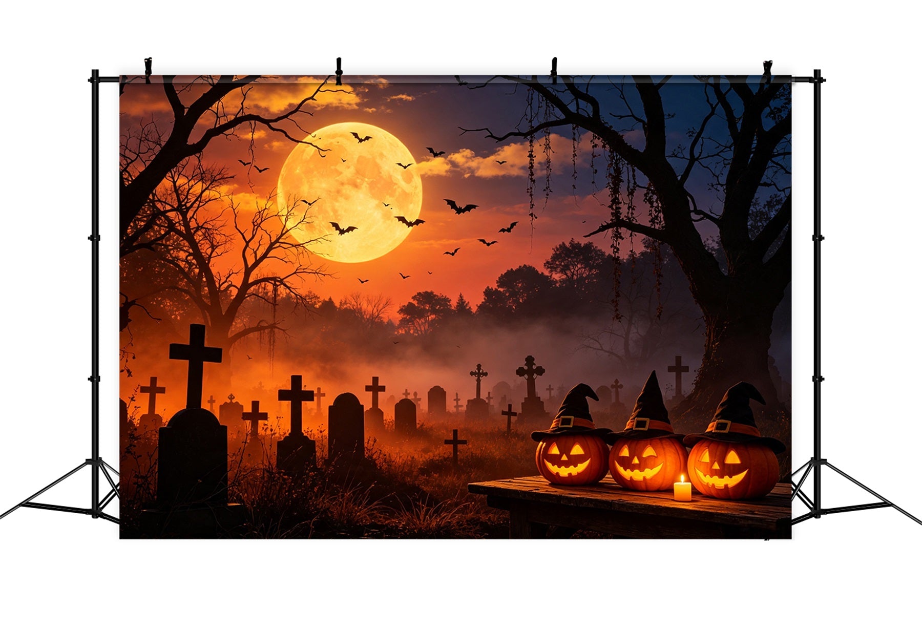 Bat Cave Backdrop Sunset Witch Pumpkin Graveyard Photo Backdrops Halloween GQ67-105