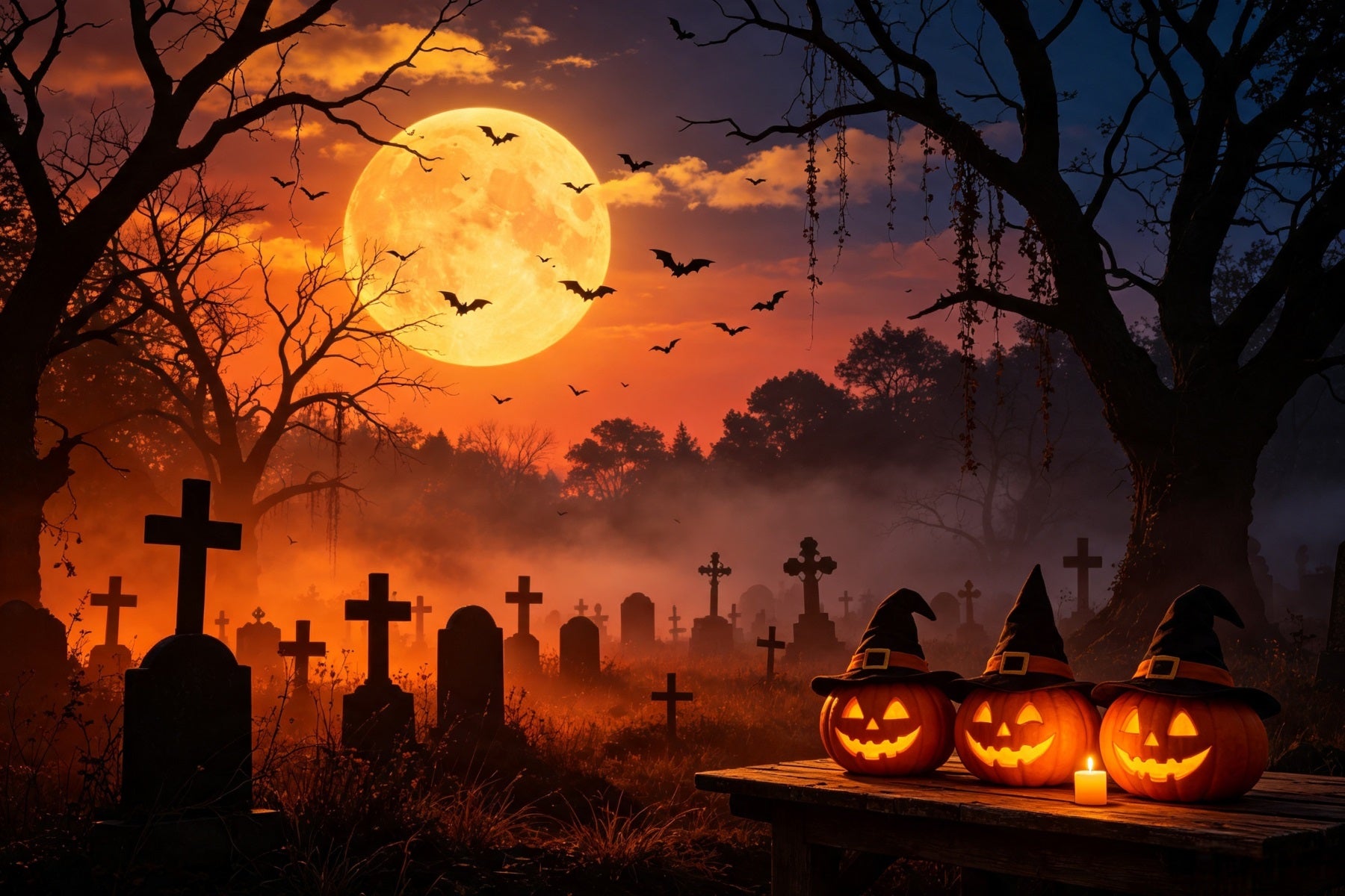 Bat Cave Backdrop Sunset Witch Pumpkin Graveyard Photo Backdrops Halloween GQ67-105