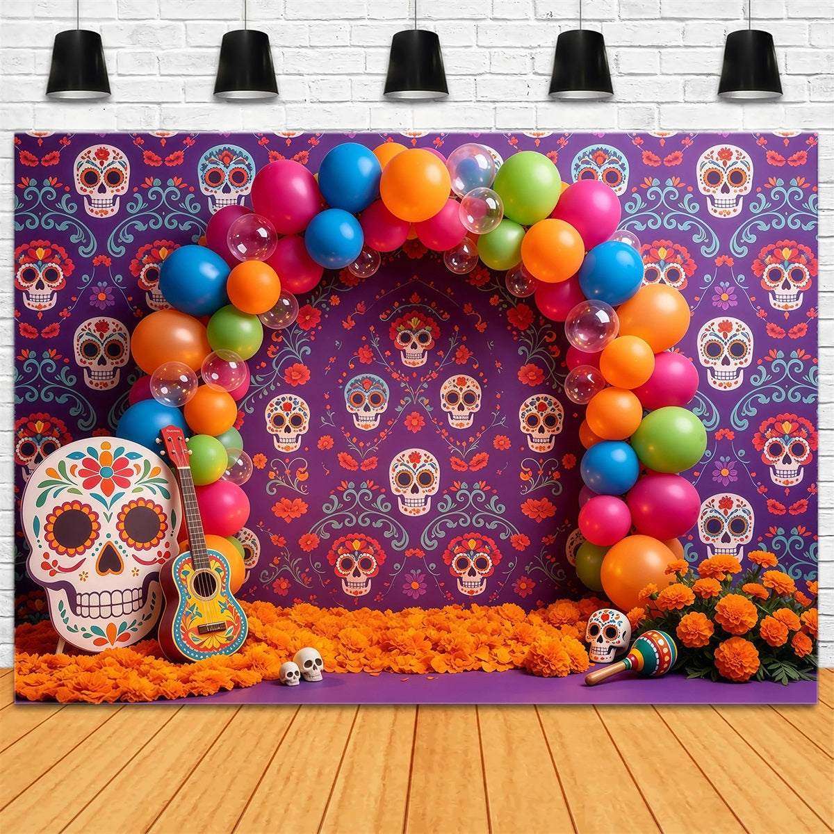 Sugar Skull Backdrop Colorful Balloon Arch Kids Halloween Backdrop GQ67-106