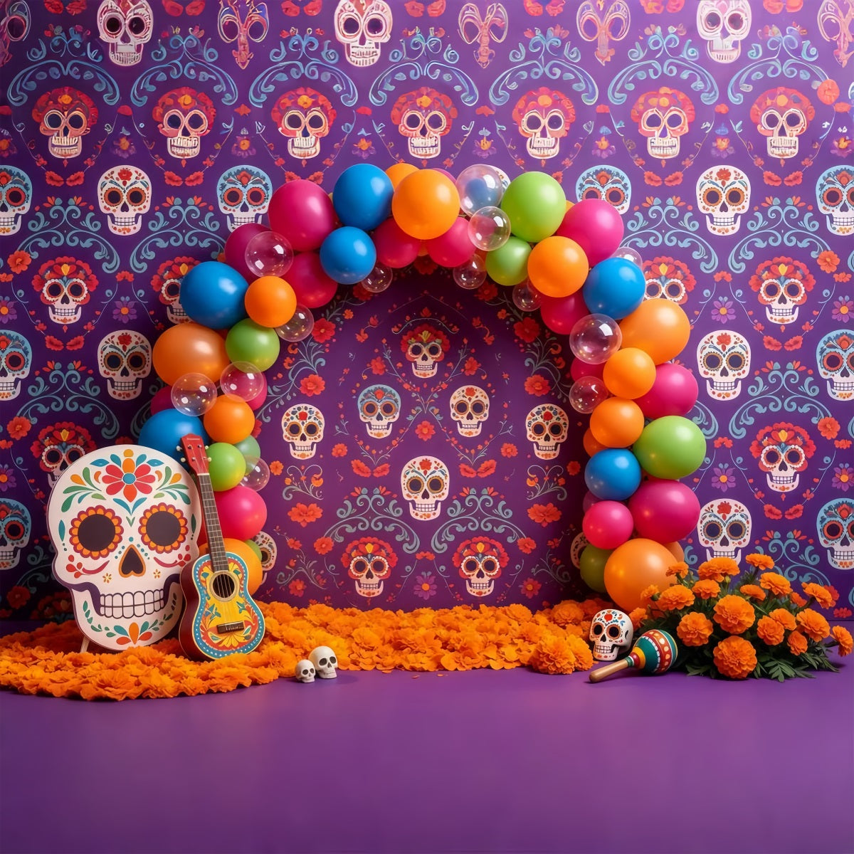 Sugar Skull Backdrop Colorful Balloon Arch Kids Halloween Backdrop GQ67-106