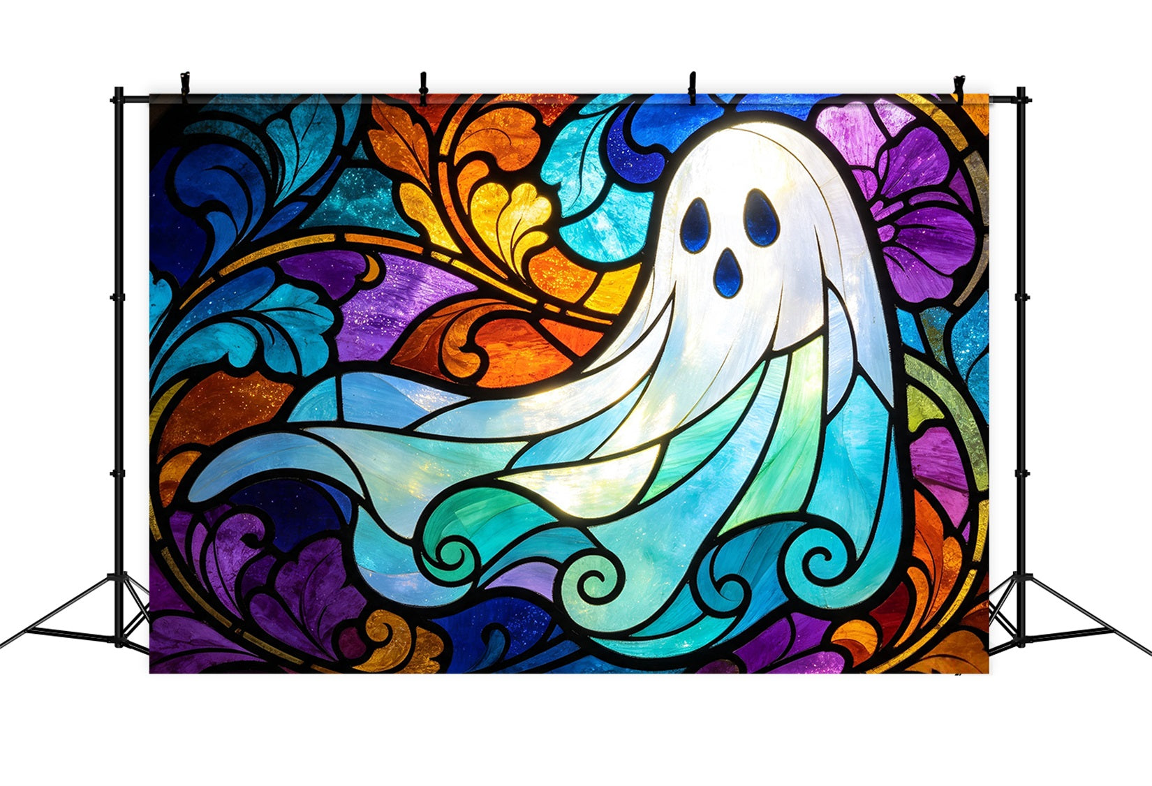 Ghost Stained Glass Backdrop Tapestry Colorful Window Garage Door Halloween Backdrop GQ67-109